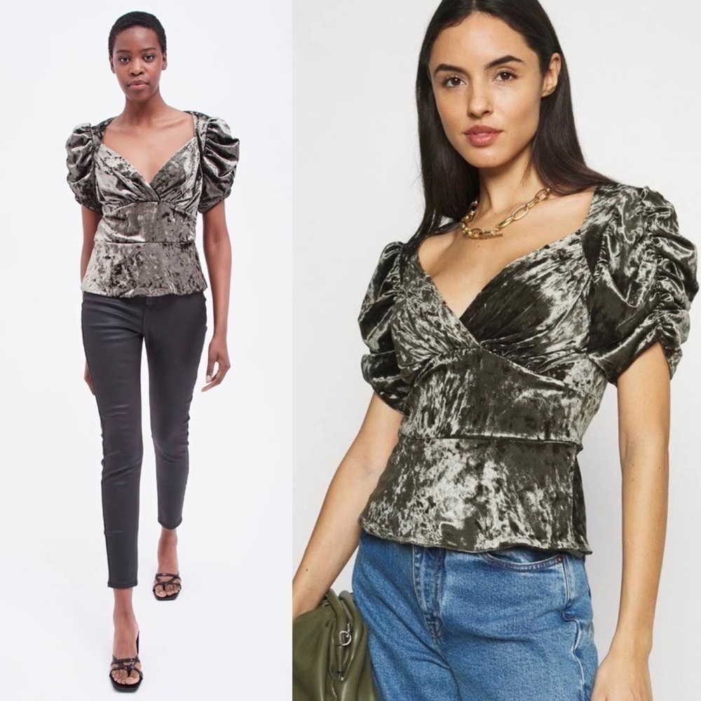 New Topshop Idol Green Velvet Ruched Sleeve Blouse in Military Green NWT